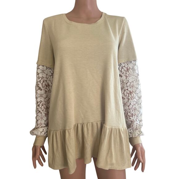 LOGO by Lori Goldstein Tops - LOGO Lounge by Lori Goldstein Crochet Sleeves French Terry Top khaki tan SZ LG